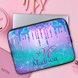 Chic blue purple ombre glitter drips monogram laptop sleeve<br><div class="desc">Chic blue purple ombre glitter drips monogram Laptop sleeve. Add some style to your office, desk, or personal space with a Chic and stylish custom name and monogram Laptop sleeve. Personalise it with a script name and monogram. The perfect accessory for a fashionable contemporary girl or woman. Beautiful, modern and...</div>