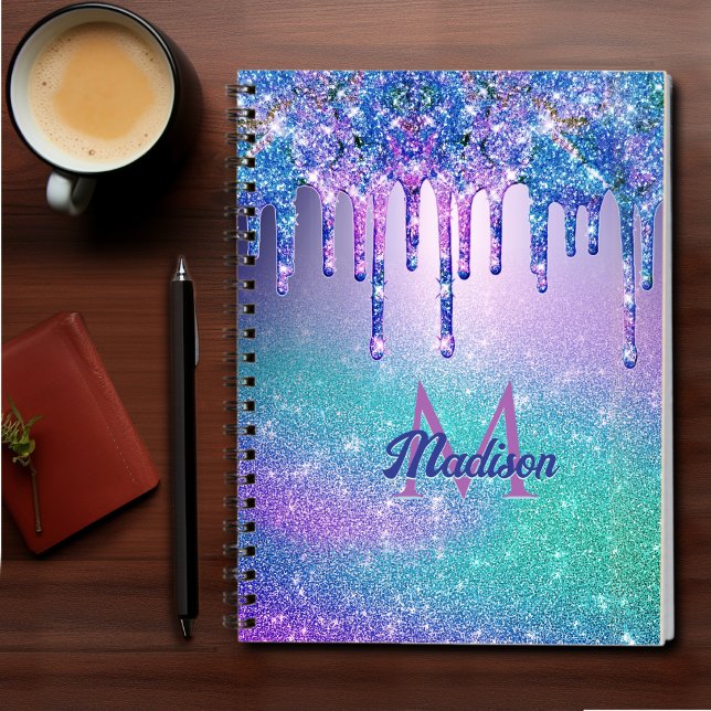 Chic blue purple ombre glitter drips monogram notebook (Creator Uploaded)