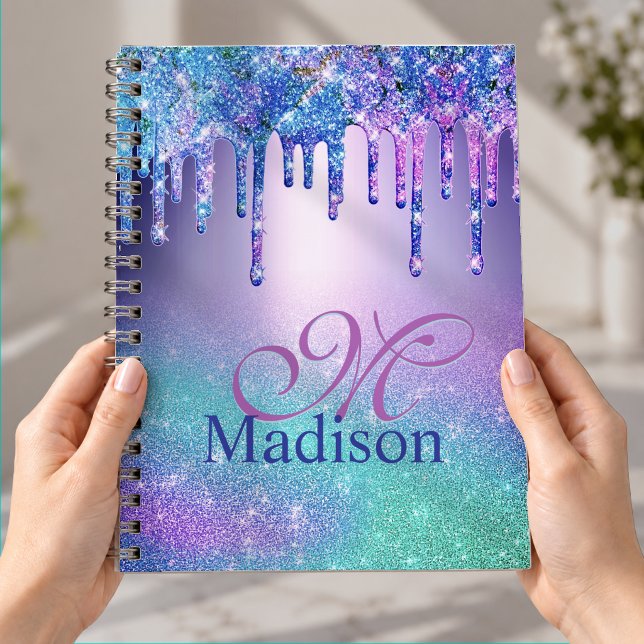 Chic blue purple ombre glitter drips monogram notebook (Creator Uploaded)