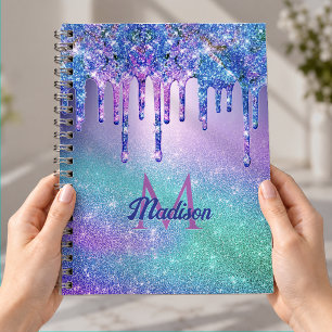 Chic blue purple ombre glitter drips monogram notebook