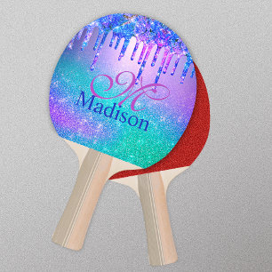 Chic blue purple ombre glitter drips monogram ping pong paddle