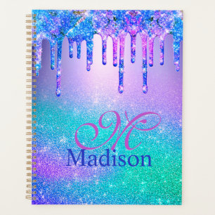 Chic blue purple ombre glitter drips monogram planner