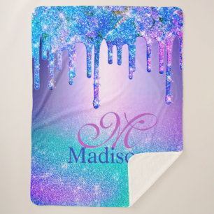 Chic blue purple ombre glitter drips monogram sherpa blanket