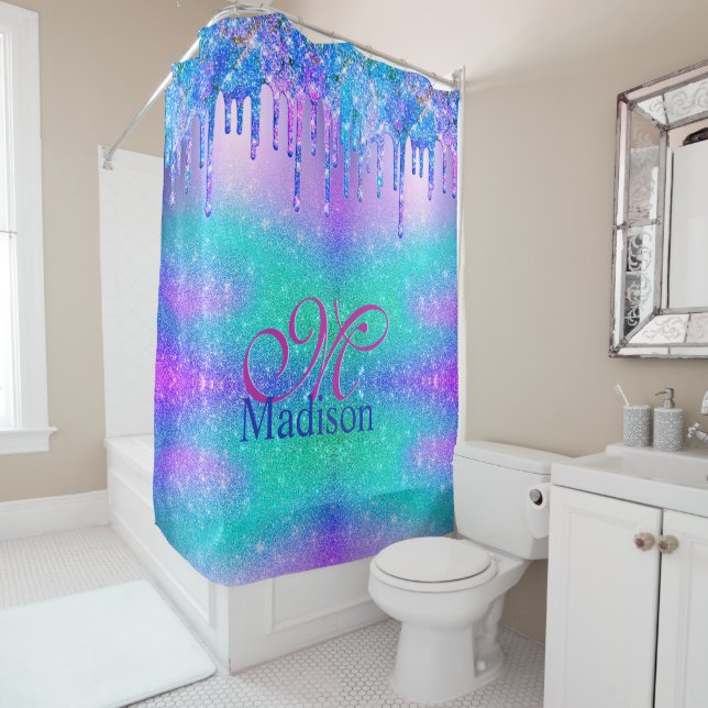 Chic blue purple ombre glitter drips monogram shower curtain (In Situ)