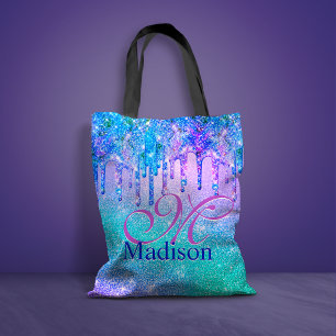 Chic blue purple ombre glitter drips monogram tote bag