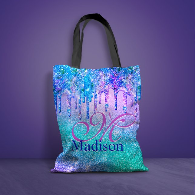 Chic blue purple ombre glitter drips monogram tote bag (Creator Uploaded)