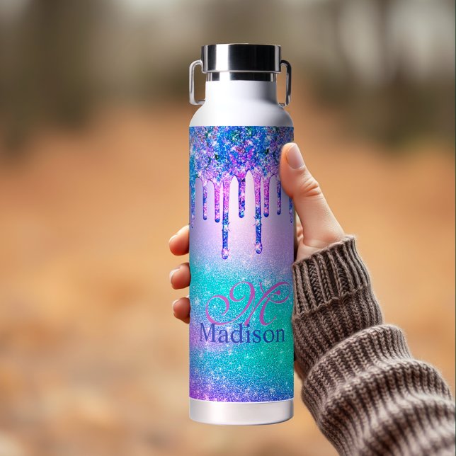Chic blue purple ombre glitter drips monogram water bottle (Creator Uploaded)