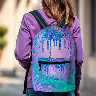 Chic blue purple ombre glitter drips printed backpack