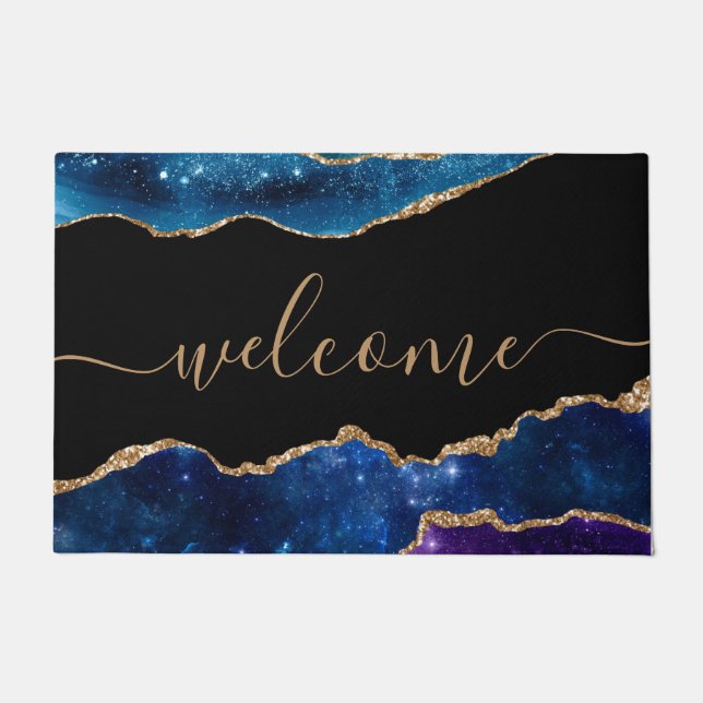 Chic Blue Purple Rose Gold Glitter Black Welcome Doormat (Front)