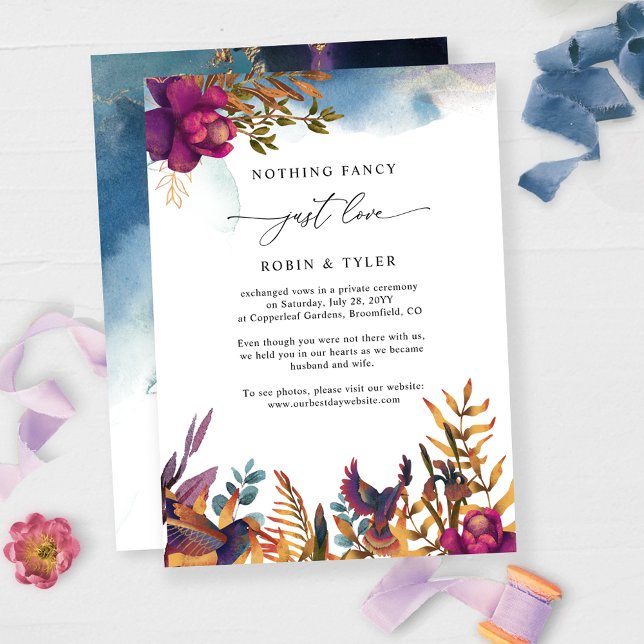 Chic Blue Purple Wedding Elopement Announcement  (ADD YOUR OWN ANNOUNCEMENT MESSAGE OR AFTER THE WEDDING RECEPTION DETAILS)