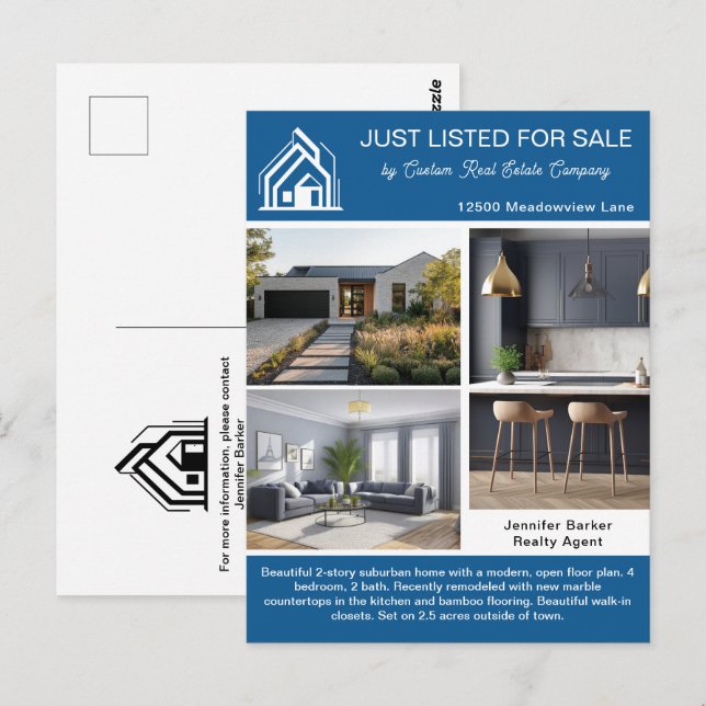 Chic Blue Real Estate Company House Listing Postcard (Front/Back)