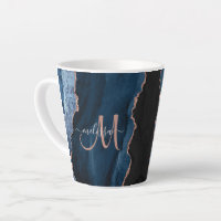 Chic Blue Rose Gold Agate Custom Script Monogram