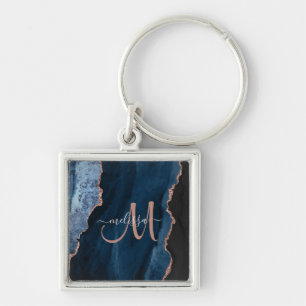 Chic Blue Rose Gold Agate Script Monogram Custom Key Ring