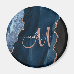 Chic Blue Rose Gold Agate Script Monogram Custom Magnet