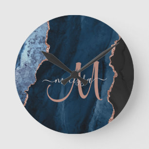 Chic Blue Rose Gold Agate Script Monogram Custom Round Clock