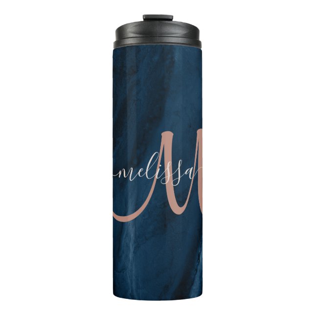 Chic Blue Rose Gold Agate Script Monogram Custom Thermal Tumbler (Front)