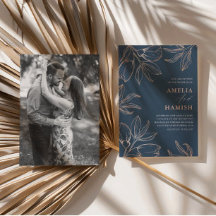 Chic Blue & Rose Gold Foliage 1 Photo Wedding Invitation