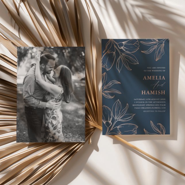 Chic Blue & Rose Gold Foliage 1 Photo Wedding Invitation (Creator Uploaded)