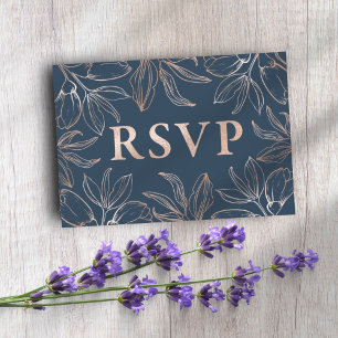 Chic Blue & Rose Gold Foliage RSVP QR code Wedding Card
