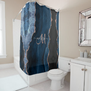 Chic Blue Rose Gold Glitter Agate Custom Monogram Shower Curtain