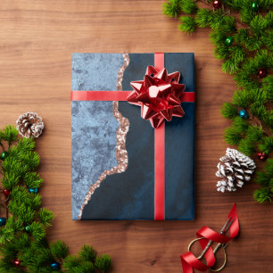 Chic Blue Rose Gold Glitter Agate Custom Monogram Wrapping Paper