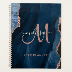 Chic Blue Rose Gold Glitter Agate Monogram 2022 Planner