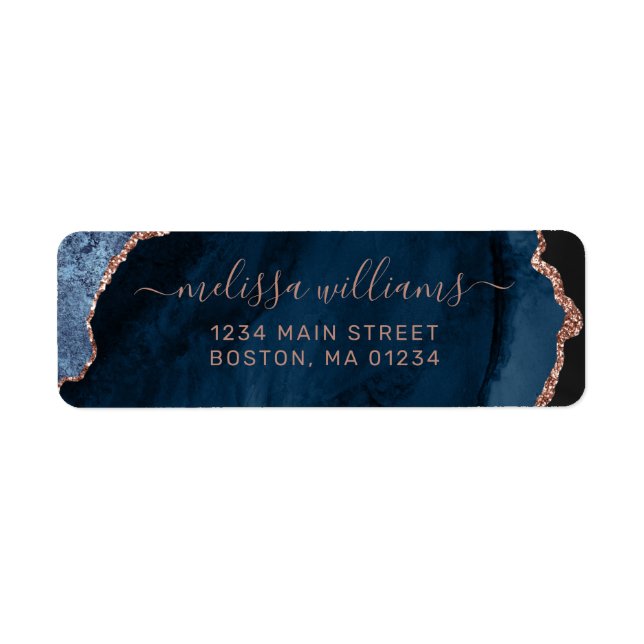 Chic Blue Rose Gold Glitter Agate Retrun Address (Front)