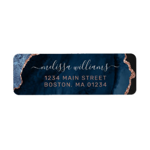 Chic Blue Rose Gold Glitter Agate Return Address