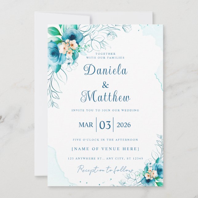 Chic Blue Rose Wedding Invitation w/ QR Code (Front)