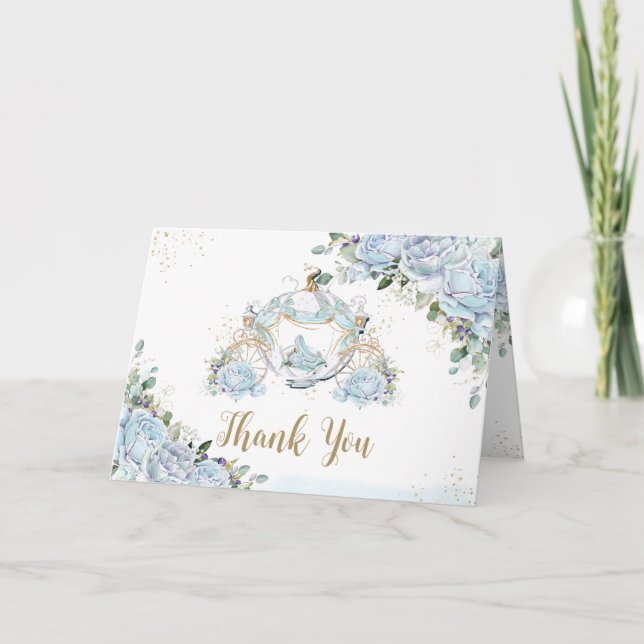 Chic Blue Roses Princess Carriage Bridal Shower Thank You Card (Front)