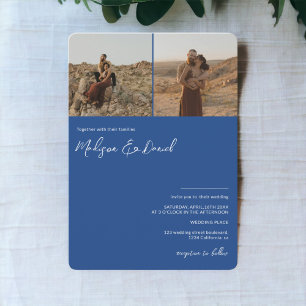 Chic blue script names 3 photos qr code wedding invitation