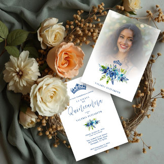Chic Blue Shades Flowers & Foliage Princess Tiara Invitation