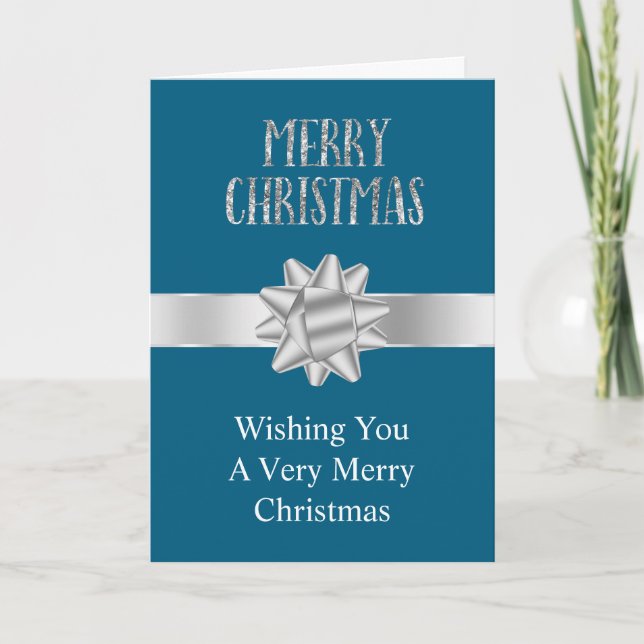 Chic Blue Silver Bows Glitter Christmas Card (Front)