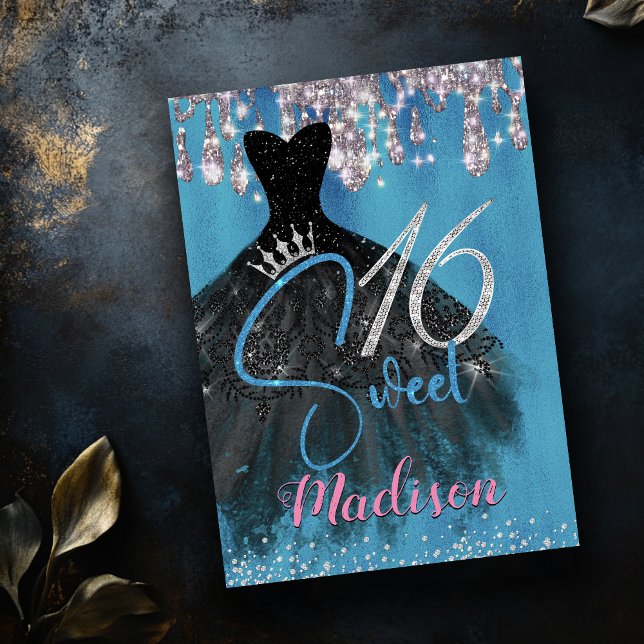 Chic Blue silver glitter drips sweet 16  Invitation (Creator Uploaded)