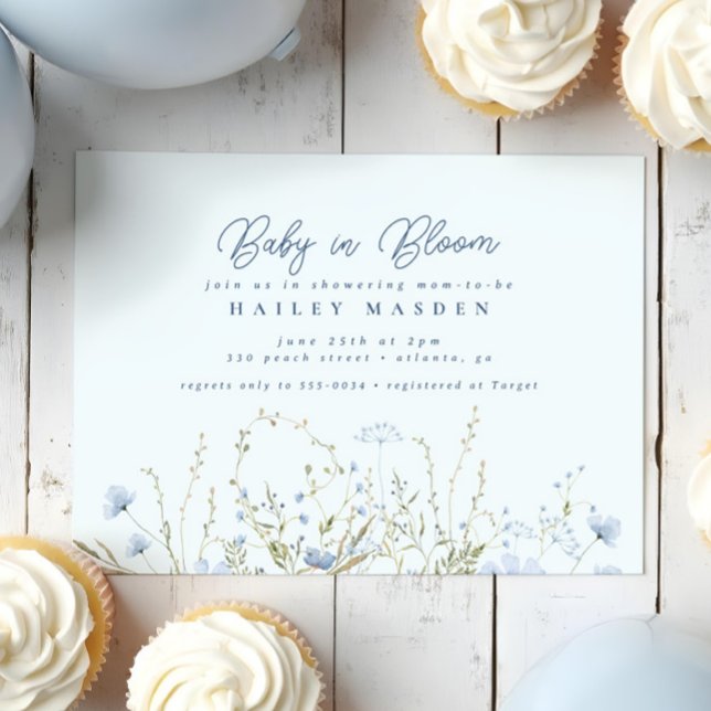 Chic Blue Sky Wildflowers Boy Baby Shower Invitation (Creator Uploaded)