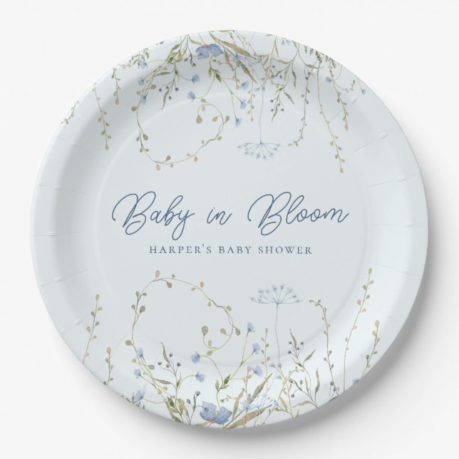 Chic Blue Sky Wildflowers Boy Baby Shower Paper Plate (Front)