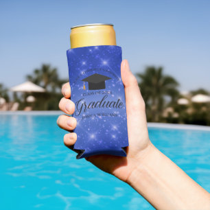 Chic Blue Sparkle Graduate Custom Graduation Party Seltzer Can Cooler