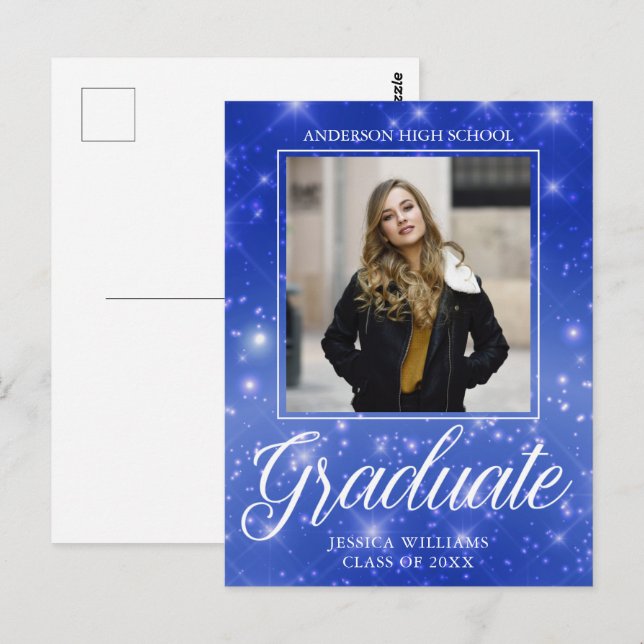 Chic Blue Sparkle Graduate Photo Graduation Postcard (Front/Back)