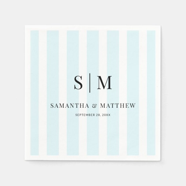 Chic Blue Stripes Elegant Couple Initials Wedding Napkin (Front)