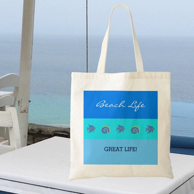 Chic Blue Stripes Fish and Sea Shells Beach Life Tote Bag (Creator Uploaded)