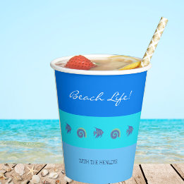 Chic Blue Stripes Fish and Shells Beach House Paper Cups