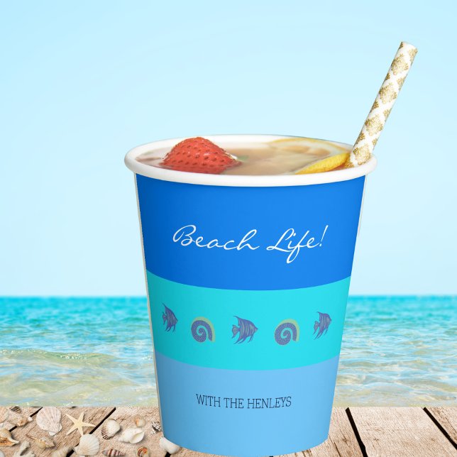 Chic Blue Stripes Fish and Shells Beach House Paper Cups (Creator Uploaded)