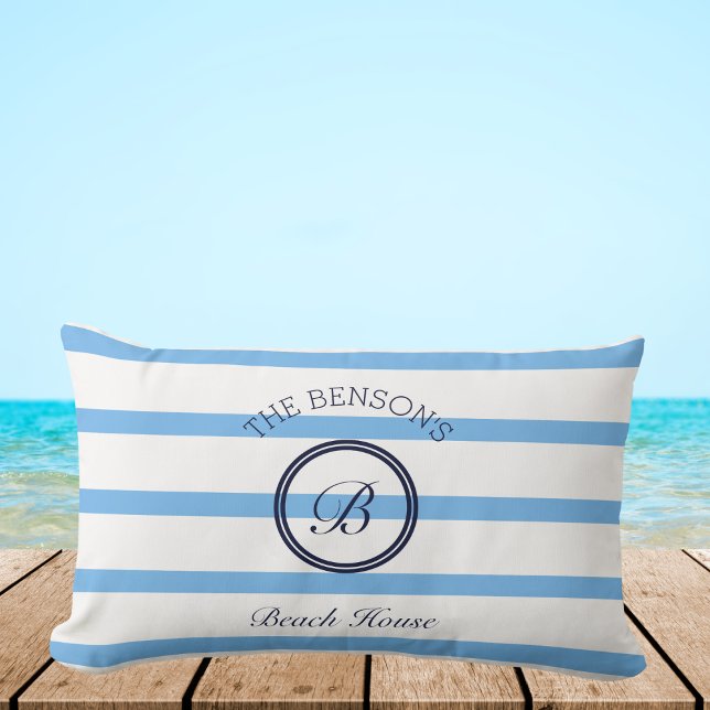 Chic Blue Stripes Monogram Family Beach House Lumbar Cushion (Creator Uploaded)