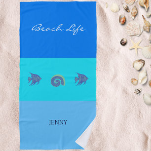 Chic Blue Stripes Name Shell and Fish  Beach Towel