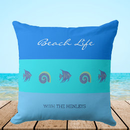 Chic Blue Stripes Shells Fish Family Beach House Cushion
