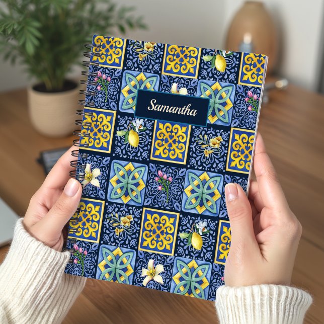 Chic Blue Teal Mediterranean Citrus Tile Art Notebook (Creator Uploaded)