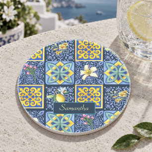 Chic Blue teal Sicilian citrus Mediterranean Coaster