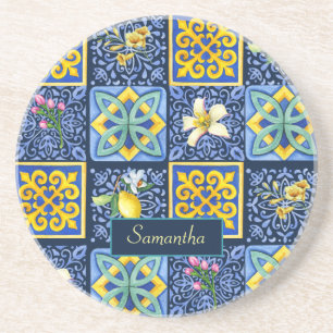 Chic Blue teal Sicilian citrus Mediterranean Coaster