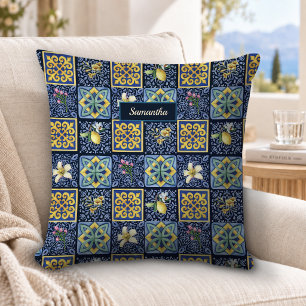 Chic Blue teal Sicilian citrus Mediterranean Cushion