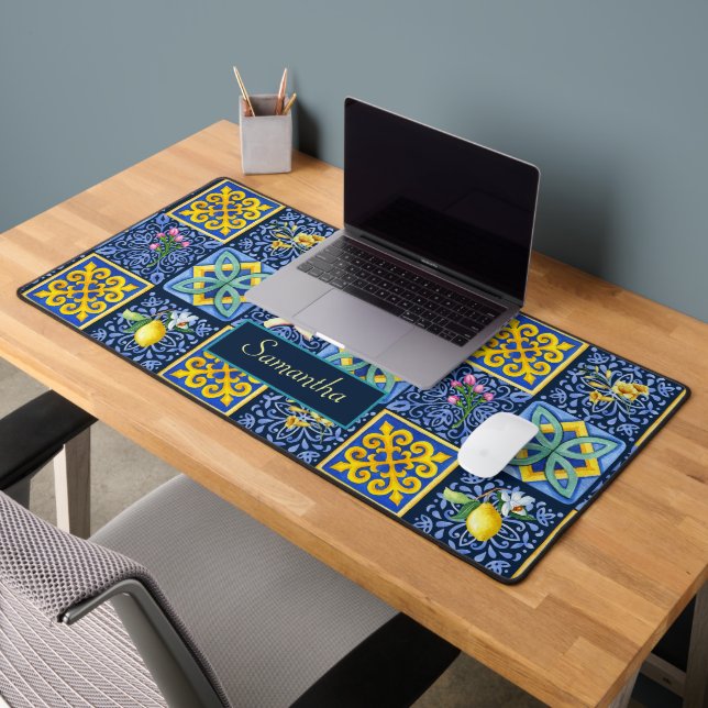 Chic Blue teal Sicilian citrus Mediterranean Desk Mat (Office 2)